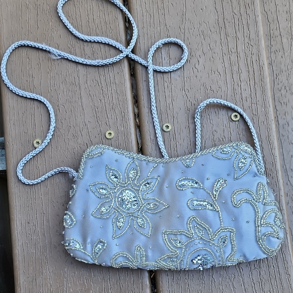 Metaphor Beaded Evening Clutch Bag‎ Silver Sequins Floral Design